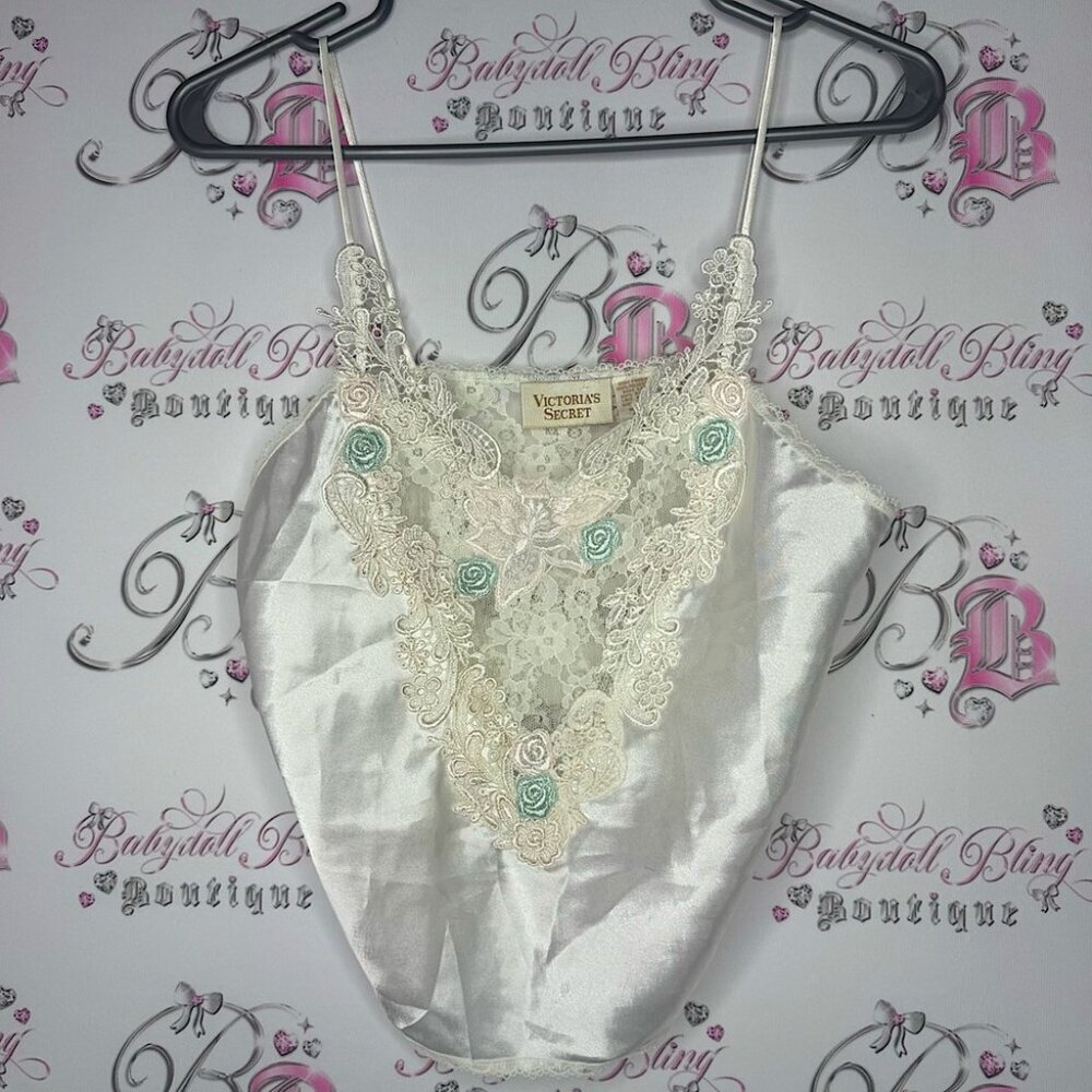 Victoria’s Secret tank top vintage gold label lace floral cream shiny flowers